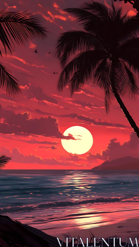 Crimson horizon sunset behind silhouettes of calm palms.