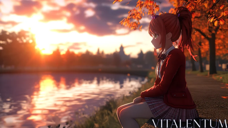 Thoughtful anime girl by a glowing autumn lakeside sunset.