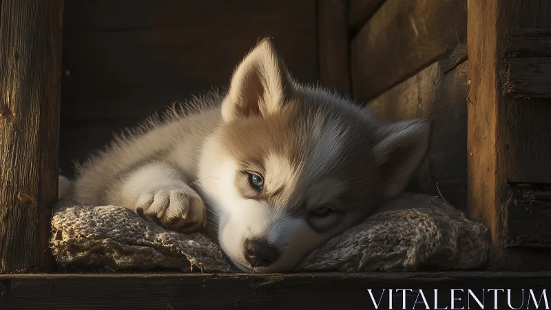 Sleepy husky puppy rests on rough burlap cushion in kennel