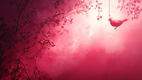 Pink songbird hanging among glowing cherry branches.