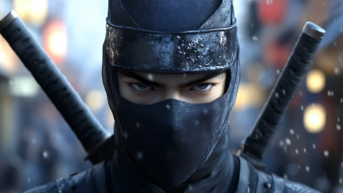 Masked urban ninja with dual swords in shallow focus portrait.