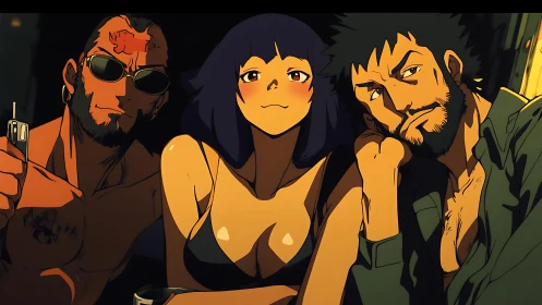 Three stylized characters sit closely in warm directional light