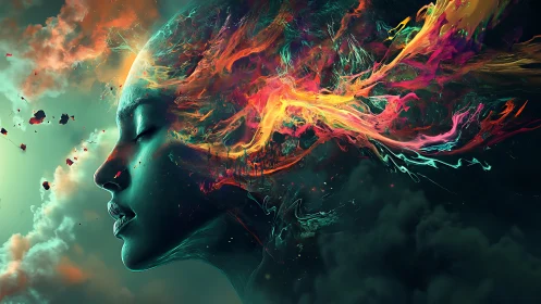 Surreal digital portrait with exploding chromatic mindscape.