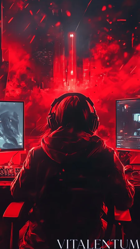 Red neon coder at dual screens commands a digital skyline.