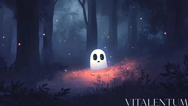 Timid little ghost glowing softly in a midnight forest clearing.