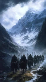 Epic riders ascending a glacial mountain pass, digital painting.
