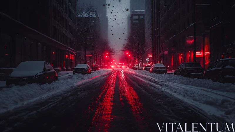 Snow-covered urban street is illuminated by red traffic lights