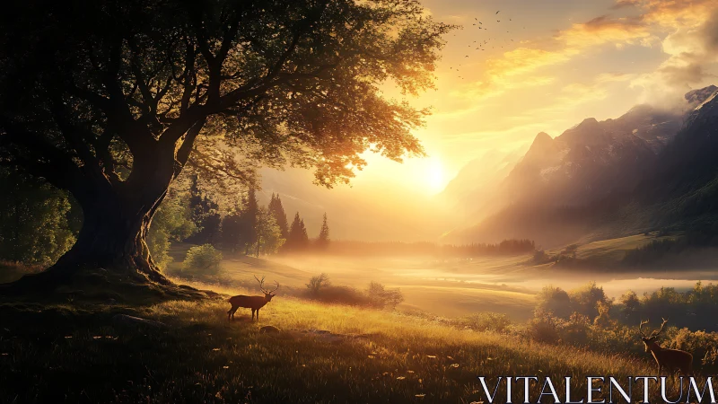 Sunlit valley hush with deer beneath the guardian tree.