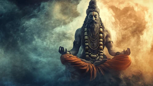 Meditating ascetic statue sits cross-legged amid colored smoke