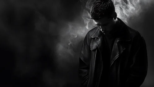 Moody portrait in smoke with downcast man in leather jacket.