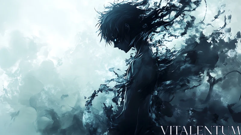 Dark ethereal silhouette dissolving into stormy mist.