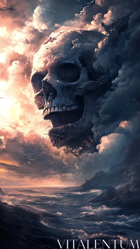Colossal skull storm looming above a dark, raging sea.