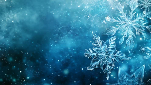 Ice crystal snowflakes float over blue winter background