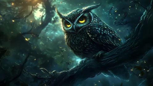 Mystic forest owl rests on a moonlit branch and gently watches