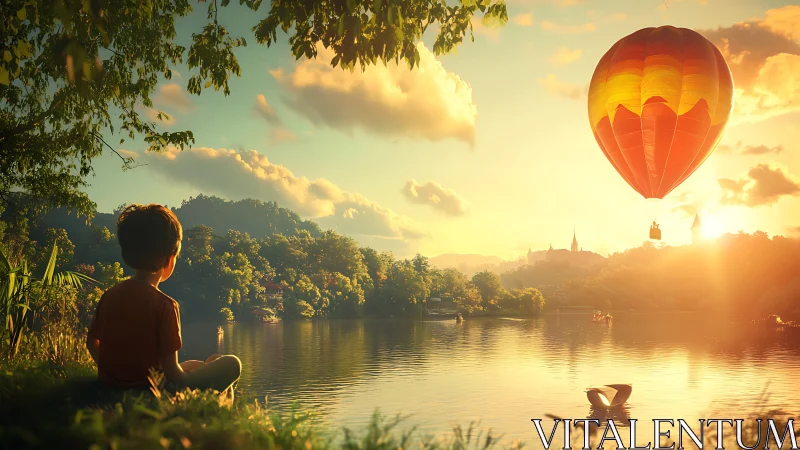 Daydreaming lakeside kid watching sunrise hot air wonder.