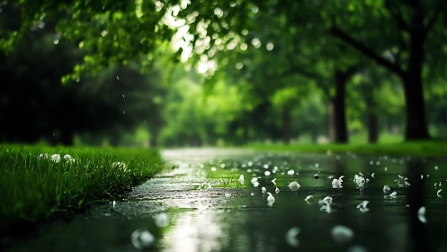 Shallow depth rain-soaked park path with white blossom petals