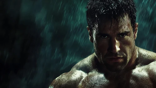 Muscular man under rain with intense determined stare.