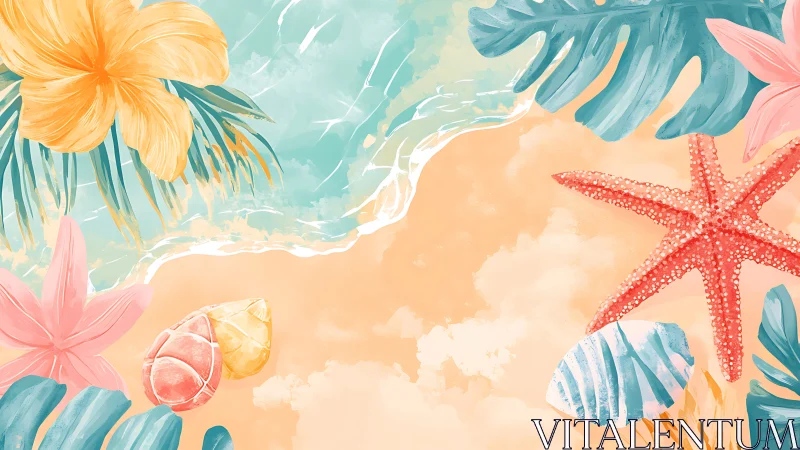 Sunny shoreline with joyful starfish, shells, and florals.