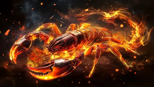 Flaming scorpion figure is rendered in high contrast lighting