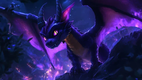 Bioluminescent purple dragon gliding through starlit canyon night