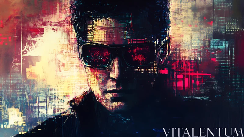 Cyberpunk hacker portrait with neon glitch effects.