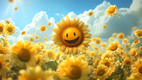 Smiling sunflower emoji glowing in dreamy summer field.