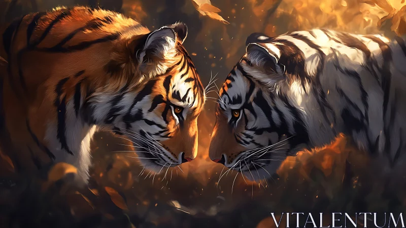 Two Tigers Face to Face in Dramatic Golden Firelight