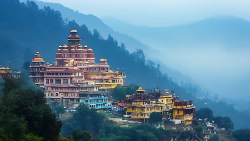 Terraced hilltop monastery complex in blue Himalayan mist.