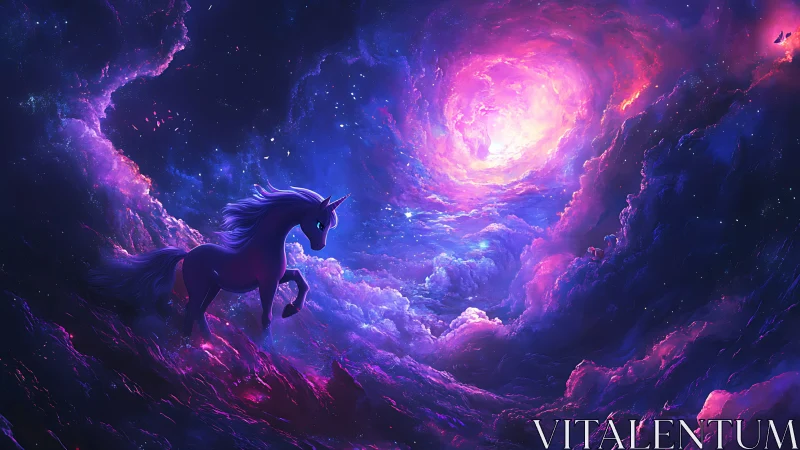 Starlit unicorn wanders gently through a glowing cosmic storm