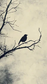 Crow silhouette perches on winter branch in pale mist sky