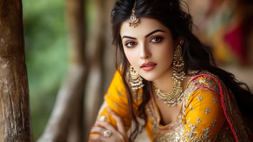 Portrait of woman in ornate yellow traditional attire.