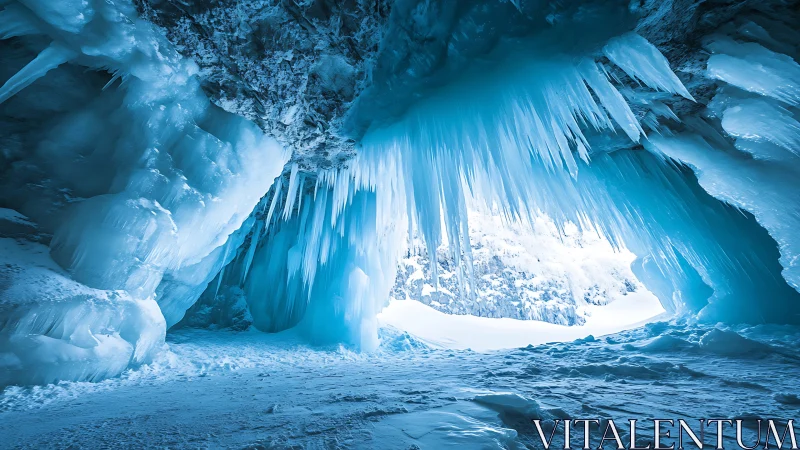 Glacial ice cave interior with crystalline blue stalactites
