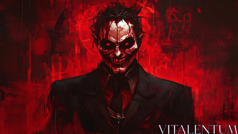 Sinister skull-faced figure in suit against red void.