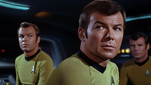 Starship officers in gold uniforms on dim command bridge.
