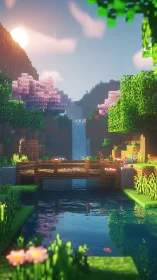 Voxel forest bridge spans reflective river at sunset.