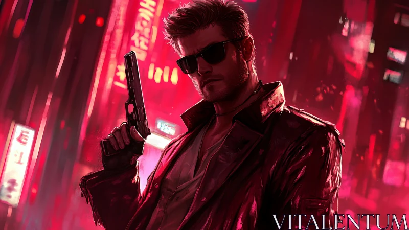 Neon drenched vigilante stands armed in a cyberpunk city haze
