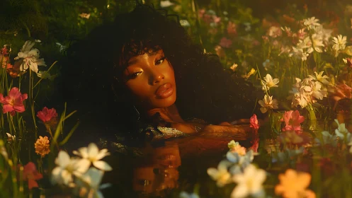 Woman resting in reflective pond surrounded by flowers.