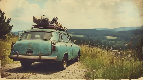 Aged turquoise station wagon on rural ridge road at rest.
