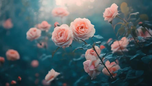 Peach Roses in Soft Focus Against Teal Gradient Background.