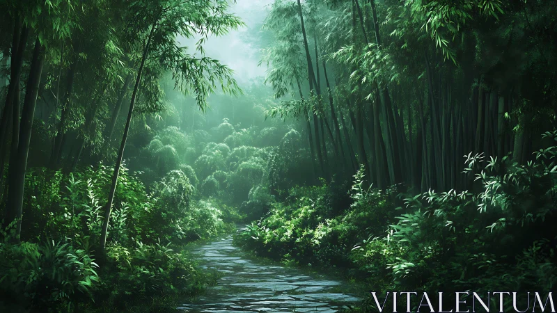 Misty Bamboo Forest Ravine with Cascading Stream and Verdant Canopy
