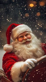 Santa Claus portrait in sleigh under gentle snowfall.