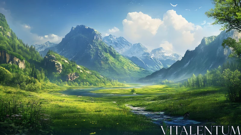 Mountain valley landscape with river, meadows and forests.