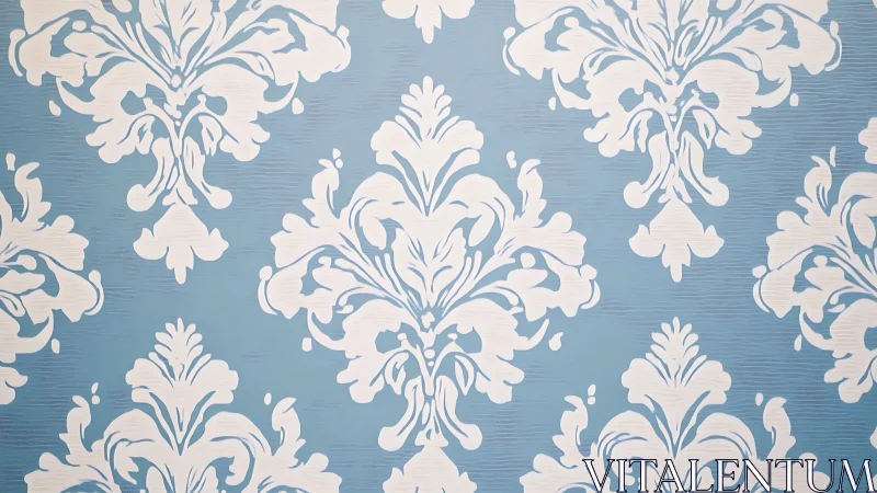 Blue background with white damask style ornamental pattern.