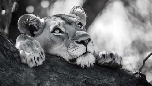 Dreamy lioness resting on a sunlit tree branch.
