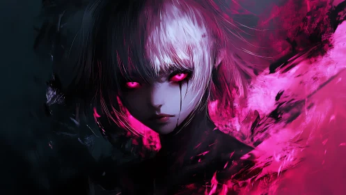Neon-eyed girl emerging from chaotic magenta darkness.