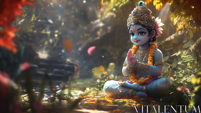 Child deity figure sits in forest clearing with folded hands