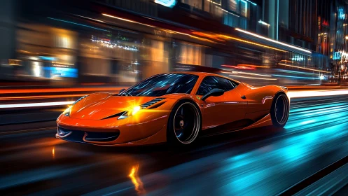 Sleek orange supercar gliding through neon city lights at night.