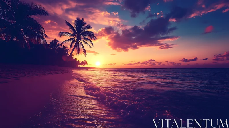 Neon sunset hush over palm-draped dream shoreline.