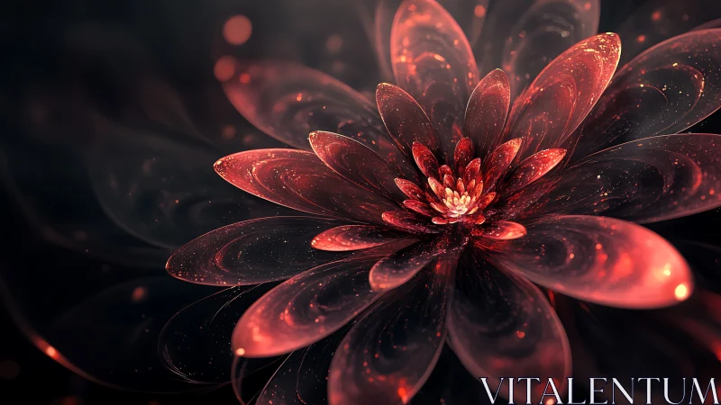 Digital painting of luminous crimson fractal flower structure.