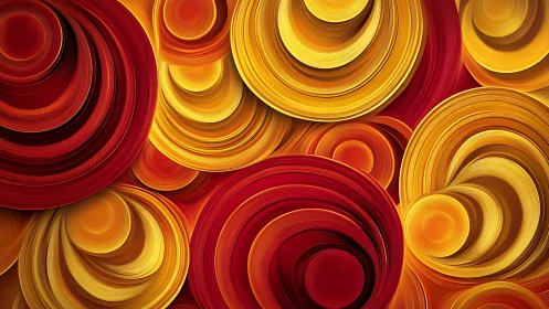 Layered red and gold concentric forms in abstract relief.